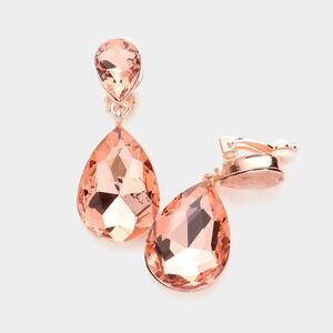 Clip on 2" rose stone double teardrop dangle earrings